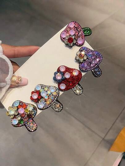 1pc Cute Delicate Korean Style Crystal Inlaid Mushroom Hair Clip, Fully Studded Crystal BB Clip, Bangs Hair Clip, New Design Women Hair Accessory