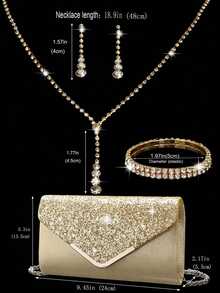 LETODE 镶钻首饰套装，闪亮项链耳环手链套装，女士晚宴手拿包，新娘婚礼金色闪亮亮片V形翻盖优雅信封包，时尚金属装饰钱包，女士舞会手提包，配有可拆卸金属链，适合婚礼和派对，女士单肩包，女士手拿包，女士手提晚宴包，多功能手提包，鸡尾酒会婚礼新款钱包宴会包 - 金色 - 查看 9