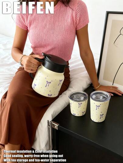 1pc 800ml Purple Bow & Star Pattern Double Wall Stainless Steel Insulated Coffee Pot, Thermal Carafe, Water Bottle, Tea Pot & Cup, Suitable For Office, Restaurant, Outdoor, Home, Party, Back To School, Valentine's Day, Mother's Day, Birthday Gift