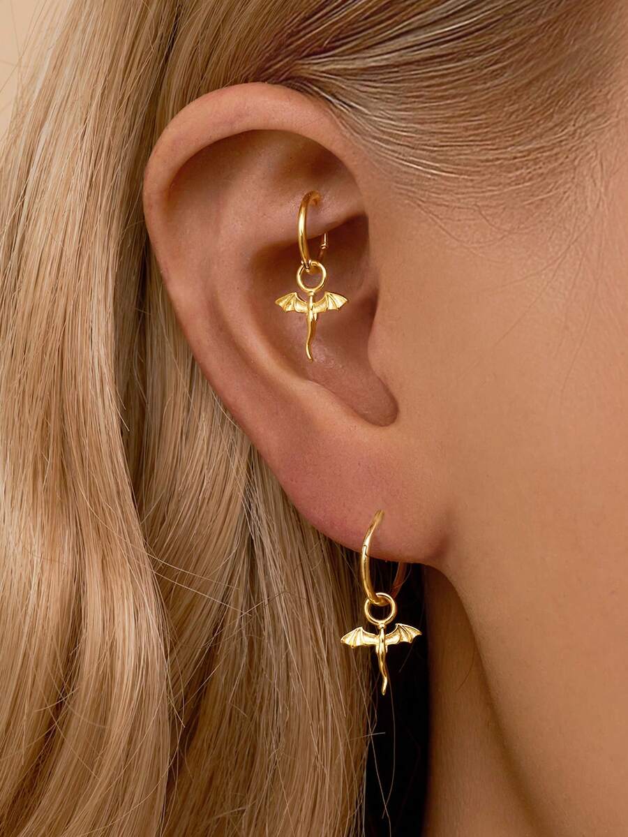 1件925纯银龙形吊坠16G铰链式耳环 - 耳骨环、耳廓环、鼻中隔环、无缝卡扣式耳环、迷你耳环、耳屏环、耳骨环、耳廓穿孔耳环、银色无缝耳骨耳环，适合男女日常佩戴，柔软纯银材质 - 请小心轻放（单件出售） - 龍形吊飾配件 - 查看 1