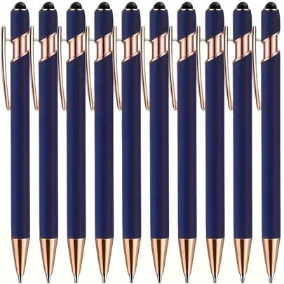 12pcs Metal Ballpoint Pens, Blue Fashion Design, Smooth Writing, Includes 2 Pens + 10 Refills, Touch Screen Compatible Dual-Use, Ideal Gift For Women, Colleagues, Teachers, Mothers (Black Ink)