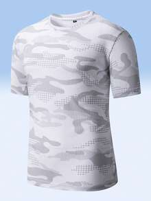 Men's Light Gray Camo Grid Print Crew Neck Short Sleeve T-Shirt - Casual Daily Top - White - View 2