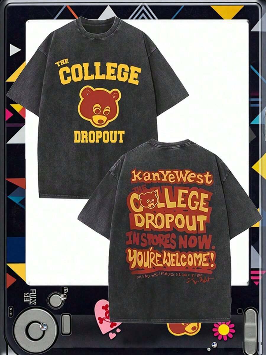 The College Dropout Bear & "KanyeWest THE COLLEGE DROPOUT IN STORES NOW" Graphic Printed Casual Style Men's Casual Wear 230g Washed Cotton Round Neck - 黑色 - 查看 1