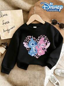 Disney Lilo & Stitch Angel And Stitch Heart Pattern Hoodie - Round Neck, Casual Summer Top, Suitable For Both Boys And Girls. Perfect For Holiday Parties, Gatherings, Outdoor Activities, And Everyday Casual Wear. - 黑色 - 查看 1