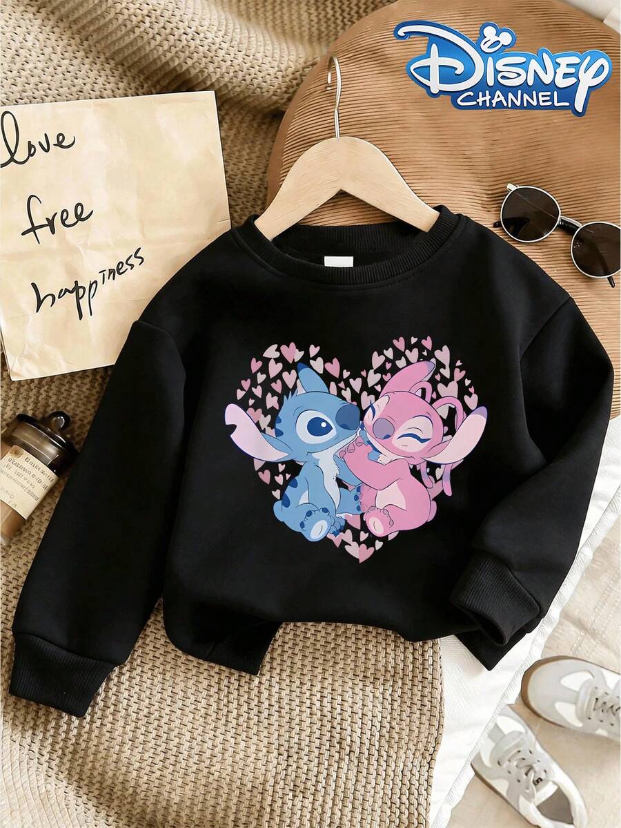 Disney Lilo & Stitch Angel And Stitch Heart Pattern Hoodie - Round Neck, Casual Summer Top, Suitable For Both Boys And Girls. Perfect For Holiday Parties, Gatherings, Outdoor Activities, And Everyday Casual Wear. - 黑色 - 查看 1