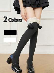 1 Pair Faux Fur Pom Pom Over-The-Knee Socks, Thick & Warm For Autumn/Winter, Cute Lolita Style - Multicolor - View 1