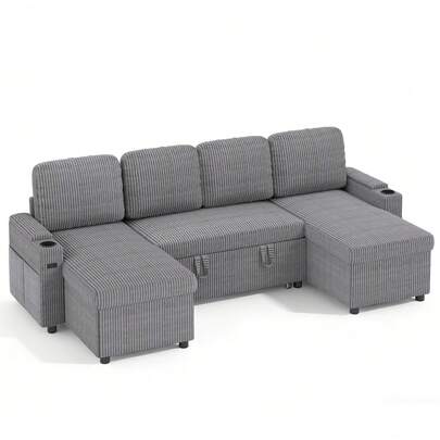 Corner Sofa Bed, U-Shaped Sleeper Sectional Couch Bed, 3-In-1 Corduroy Convertible Pull Out Sofa Bed With Adjustable Backrest, Storage And Cup Holder For Living Room