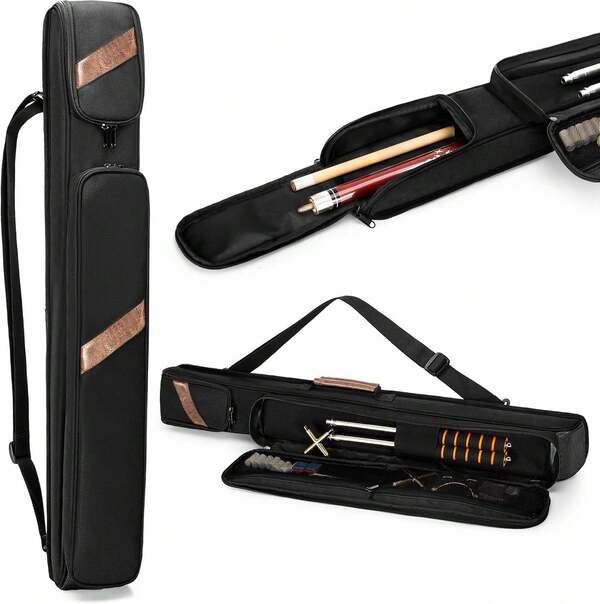 Pool Cue Case Holds 1 Butt And 1 Shaft, Billiard Pool Cue Stick Carrying Case Bag With Handle And Detachable Shoulder Strap, Pool Cue Bag With Front Accessory Pocket, Black