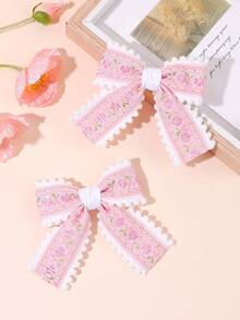 2pcs Flower Embroidery Hair Bows For Girls Pastel Pink Blue Green Embroidery Flower Bow Hair Clips Cute Pom-Pom Trim Bow Alligator Clips Girls Daily Wedding Party Barrettes Baby Hair Accessories - Multicolor - View 14