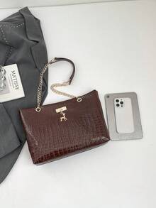 鳄鱼纹大容量手提包，女士大容量时尚链条单肩包，新款时尚腋下包，复古女士托特包 - 咖啡 - 查看 5