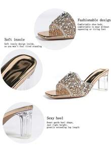 Zapatos de tacón alto elegantes y de lujo para mujer, con cristales transparentes. Tacón cuadrado totalmente decorado con cristales, tacón grueso y cómodo. Glamoroso y brillante con cristales, adecuado para fiestas, reuniones, bailes, compras y diversas ocasiones y festivales, que muestran un estilo elegante, de moda y versátil. Zapatos de tacón alto cómodos, sandalias de tacón alto decoradas con cristales. - Champán - Ver 10