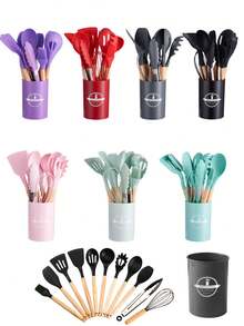 12pcs Wooden Handle Silicone Kitchenware Set, With Holder, Non-Stick Cooking Spatula, Scraper & Stirring Spoon Set, Kitchen Utensils Set With Wooden Handle For Nonstick Cookware, Cooking Utensils Set, Ladle, Spoon, Spatula, Tong, Heat-Resistant & Non-Scratch, Non Smell & Healthy, For Cooking & Baking & Frying & Stirring - MultiWarna - View 5