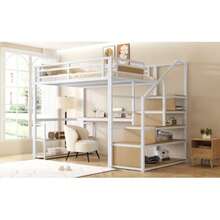 140*200 Metall-Hochbett Mit Aufbewahrungsleiter Mit Regalen Und Tisch, Sicherheitszaun-Design Mit Gespleißten Metallplanken, Hohes Eisenrahmenbett Mit Metallrahmen Für Stabile Unterstützung, White - White - View 2