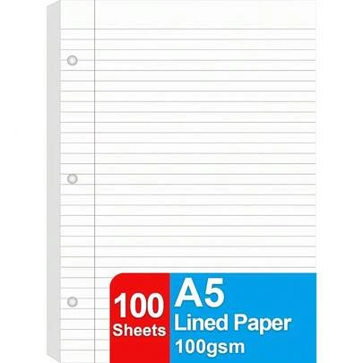 A5 Lined Paper Refill, 3 Hole Planner Refills, 100Sheets/200Pages, 100gsm White Loose-Leaf Binder Paper, 5.8'' X 8.2''