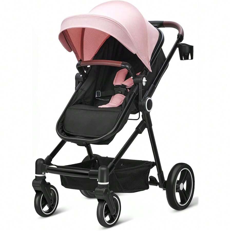 carriola de bebé 2 en 1 para niños pequeños, carriola de cuna con gran cesta de almacenamiento que absorbe los golpes para recién nacidos con soporte extraíble para tazas de asiento - Rosa - Ver 1