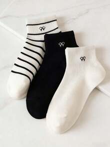 1/5 Pairs Women Cute Breathable Striped Bow Polka Dot Pattern Ankle Socks, Moisture-Wicking, Suitable For Casual Daily Wear, Spring/Summer - Multicolor - View 5