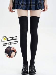 1双黑白硅胶防滑加长过膝袜，女士显瘦JK袜40/50/70厘米加长袜，天鹅绒大腿袜，日系甜美哥特风长筒袜，黑白猫爪防滑中筒袜，百搭修身透气极简性感学院风 - 彩色 - 查看 9