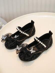 1 Pair Girls' Multi-Color Butterfly Rhinestone Shoes, Pearl Decor Princess Soft Bottom Shoes, Spring/Summer, Birthday Party, School Performance, Ethereal & Gentle Casual Shoes - Black - View 2