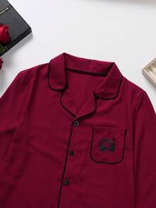 2 piezas Conjunto de pijama de mujer con cardigan y pantalones con cuello con volantes, cómodo y de moda, para primavera/otoño - Rojo - Ver 7