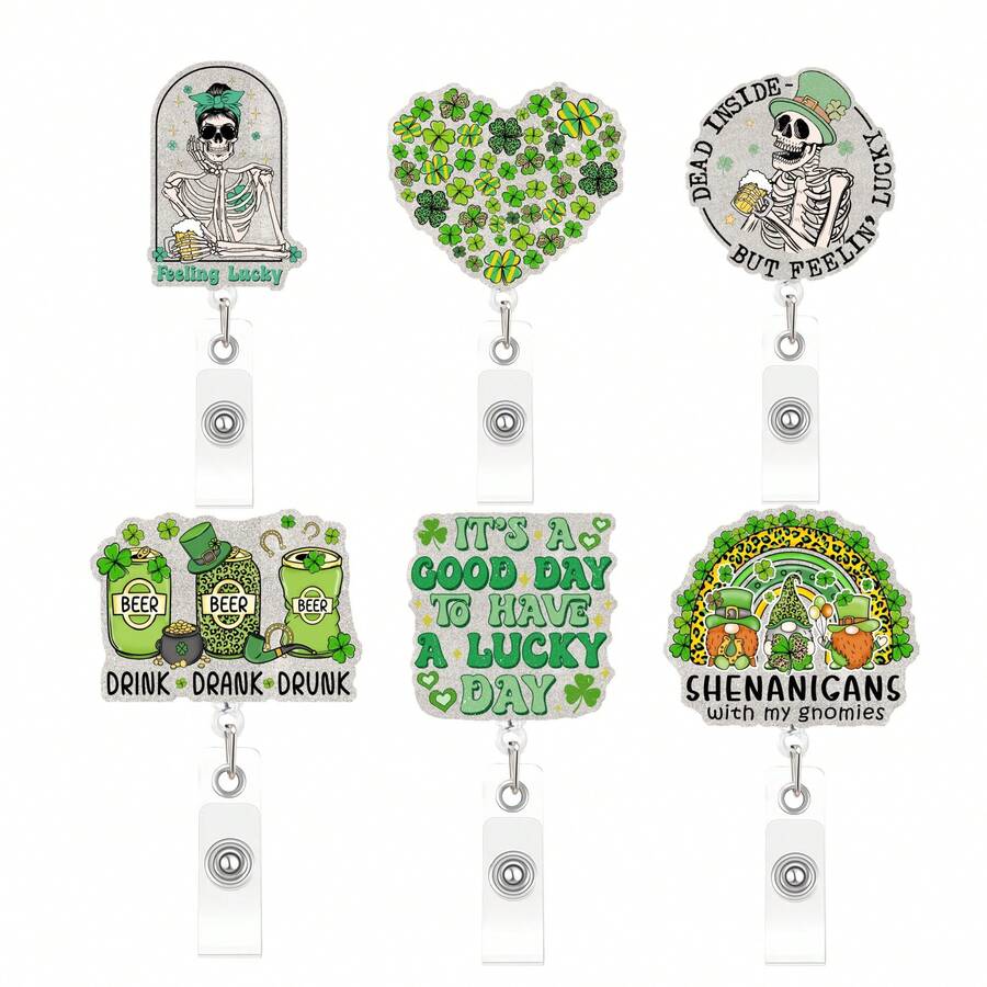 1pc Green Lucky Clover Skull Badge Reel - Gothic Style Acrylic Retractable ID Card Holder, Unique Contrast Design For St. Patrick's Day Nurse Doctor Gift With Keychain Medical Accessory