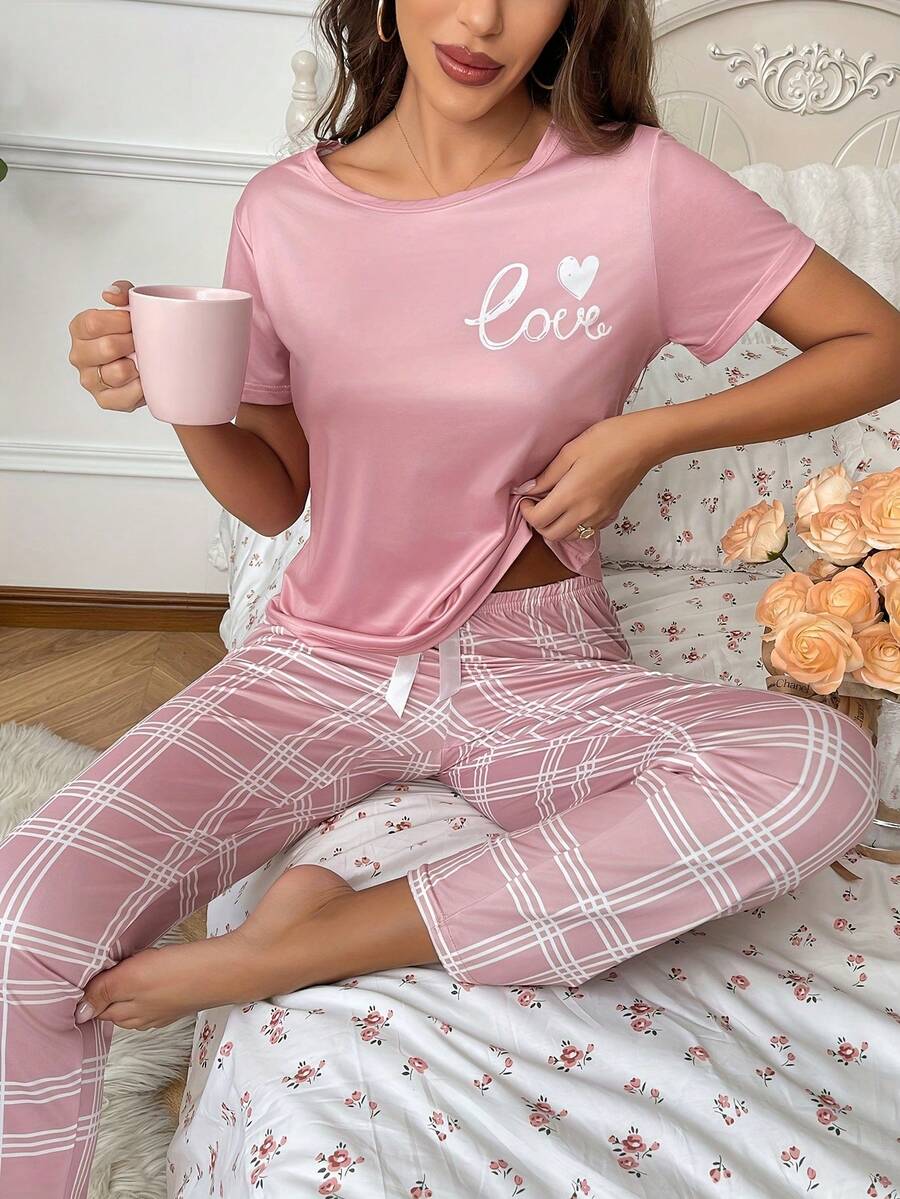 Minimalist Letter Print Short Sleeve Pajama Set, Plaid Pants, Comfortable Casual Sleepwear For Women - Pink - View 1