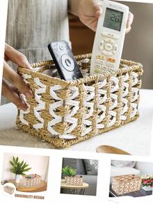 Handwoven Storage Basket, Multipurpose Desktop Organizer Box, Living Room Storage Bin, Can Store Snacks, Toys, Keys And Small Items, Bohemian Geometric Woven Basket, Wooden Rattan Planter Stand, Mixed Natural Rope Decor, Creates A Coastal Ambiance. - Rectangle - View 4