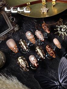 10片杏仁形假指甲，棕色、香槟色、金色、裸色，秋季美甲，经典法式美甲贴纸，自然肤色，3D装饰元素，棕色铬金，金属色，水钻装饰，星星，金属美甲贴片，欧美风全覆盖假指甲套装，波西米亚美人鱼白色蝴蝶星星北欧风全覆盖亚克力按压式美甲 - 摩卡棕 - 查看 4