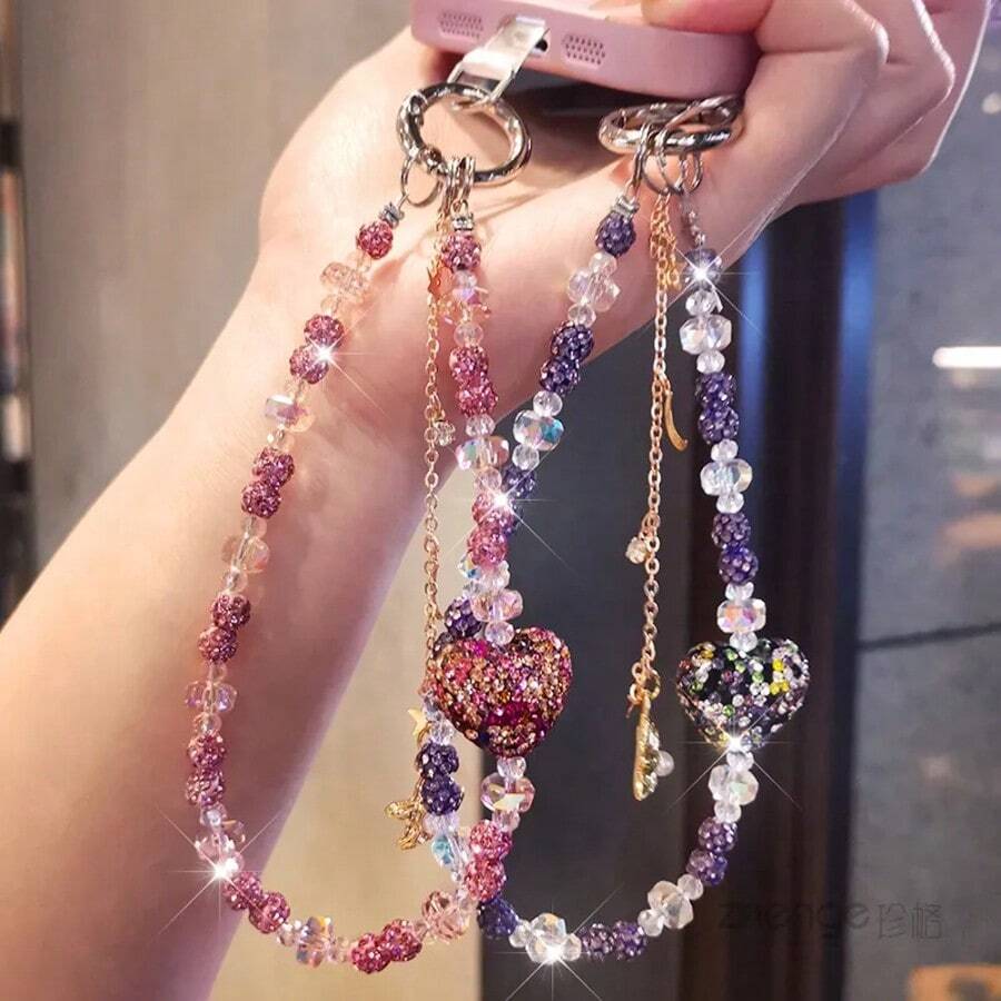 1条镶钻心形手机挂绳，时尚星形流苏腕带钥匙扣 - 彩色 - 查看 1