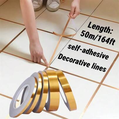1pc 164ft Long Gold & Black Self-Adhesive Tile Sticker Tape, Waterproof Wall Sealing Strip, Tile Grout Decorative Sticker For Home Decor, Self-Stick TV Backdrop, Ceiling Trim