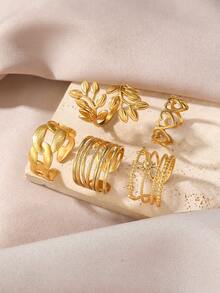 5pcs Stainless Steel Fashionable Leaf Geometric Pattern Open Rings, Suitable For Women's Daily Wear - Yellow Gold - View 6