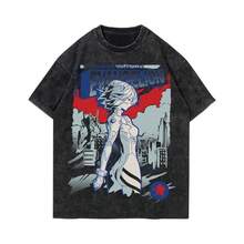 Japanese Anime Eva Rei Ayanami Unisex Short-Sleeved T-Shirt Retro Print Loose Fit  Washed Cotton Tops For Men And Women - màu đen - Xem 2