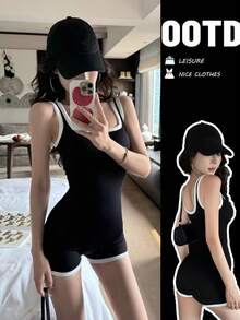 Macacão vintage para fitness, conjunto minimalista preto e branco para ioga com sutiã acolchoado, macacão modelador sem mangas para ioga, pilates e corrida. - Preto - Ver 11