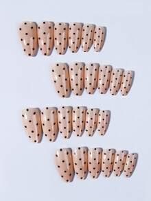 24片杏仁形黑色波点猫眼美甲贴纸，亚克力按压式美甲，包含1片果冻胶和1个指甲锉。波点和猫眼美甲让您的指尖闪耀夺目，适合派对、跳舞和日常使用。美甲用品 - 彩色 - 查看 4