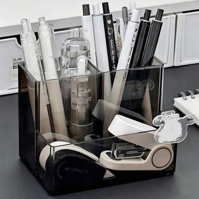 Minimalist Transparent Multi-Compartment Pen Holder, Multifunctional Desktop Stationery Storage Box, Suitable For Office And Study Supplies