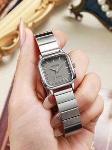 1pc Premium Minimalist Dual-Tone Textured Square Dial Quartz Watch, Versatile, Suitable For , Year-End , Birthday Gift, Holiday Gift - Black - View 2