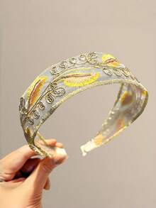1pc Countryside Style Embroidered Leaf Wide Headband, Sweet & Versatile Mesh Breathable Hairband For Teens, Daily Use