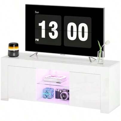 TV Cabinet With LED Lighting, 2 Cabinet Doors, Glass Shelf, Cable Holes, For Living Room, Chipboard, White