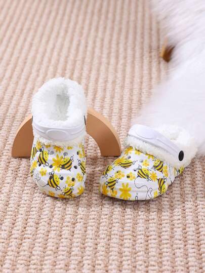 Cute Cartoon Print Warm Thermal-Lined Anti-Slip EVA Soft Bottom Comfortable Indoor Outdoor Slippers For Toddler Boys And Girls, Fashionable And Versatile For Autumn/Winter
