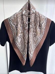 1pc 70cm Square Satin Scarf With Fashionable Paisley Print, Women's Shawl, Neck Scarf, Headband, Floral Pattern, Suitable For Dresses - Caramel Cashews - View 2