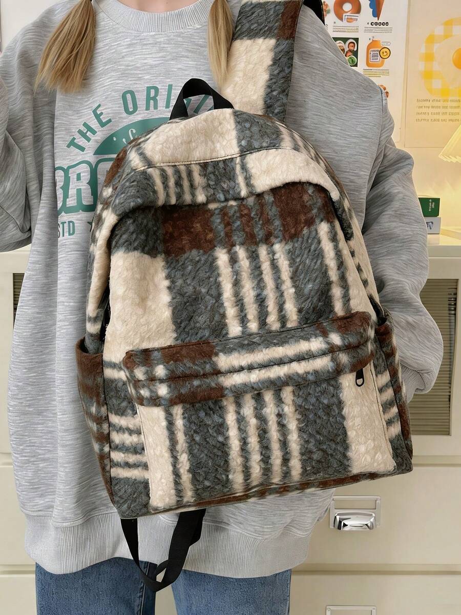 Women's Functional Backpack, British Style Bookbag, Retro Plaid Wool Felt Backpack, Versatile For Students And Daily Use - Green - View 1