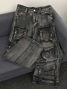 alta calle agua de trabajo pesado lavado de bolsillo múltiple línea recta pantalones largos y largos - Negro - Ver 2