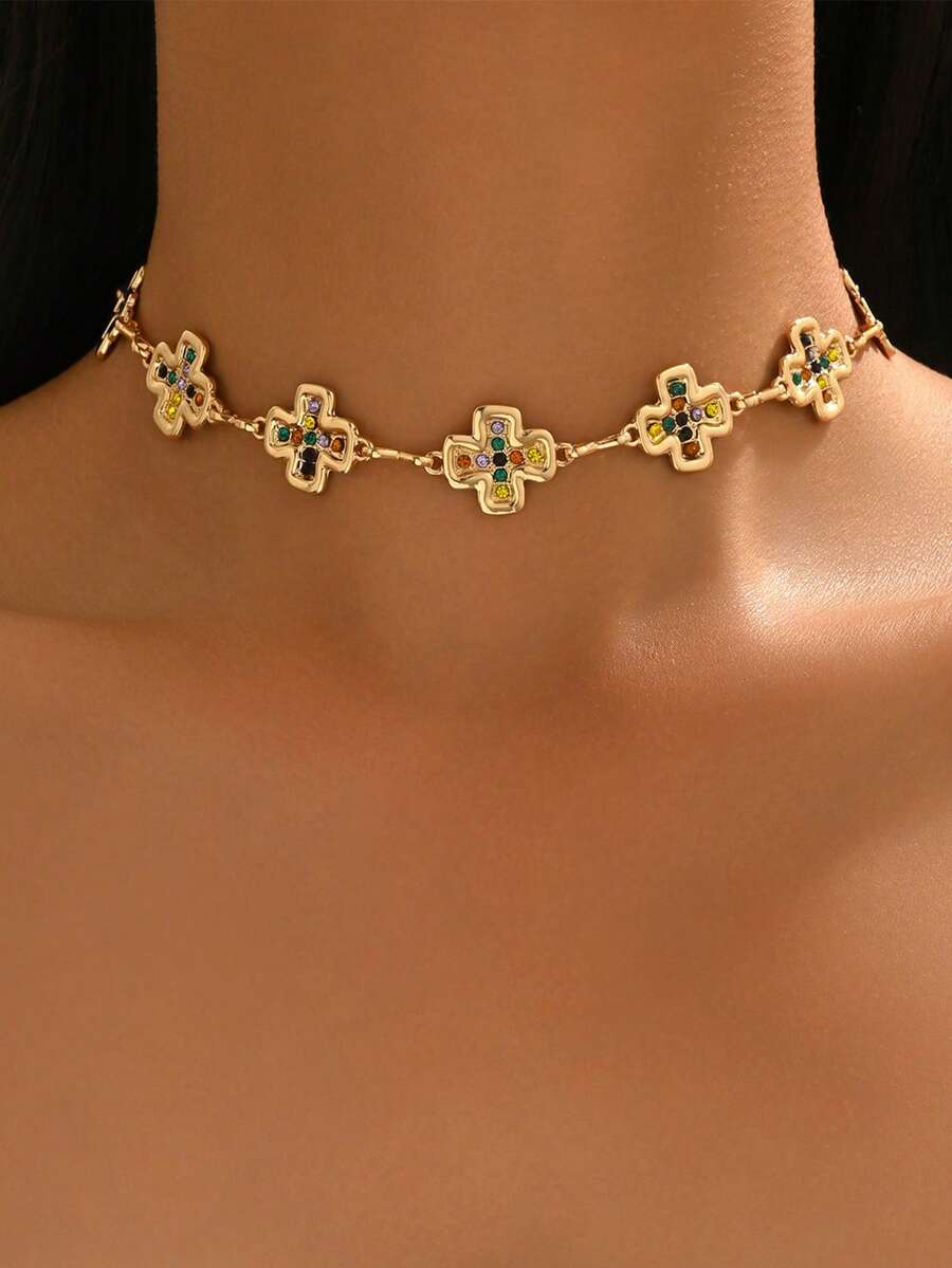Colar minimalista com pingente de cruz geométrica em metal e cristais coloridos, estilo vintage luxuoso, ideal para mulheres, perfeito para uso diário, encontros, festas e festivais de música. A cor dos cristais é aleatória. - Multicolorido - Ver 1