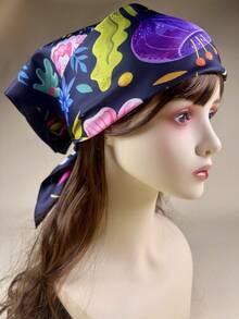1pc Women's Y2K Floral Print Elegant Satin Scarf, Neckerchief, Headscarf - Multicolor - View 2