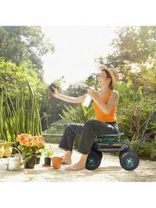 Garden Cart Rolling Workseat With Wheels, Gardening Stool For Planting, 360 Degree Swivel Seat, Wagon Scooter With Steering Handle & Utility Tool Tray, Use For Patio, Yard, And Outdoors, Green - Dark Green - View 9