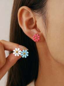 一对时尚不锈钢多色滴油花朵耳钉，甜美少女耳饰 - 小雛菊 - 查看 1