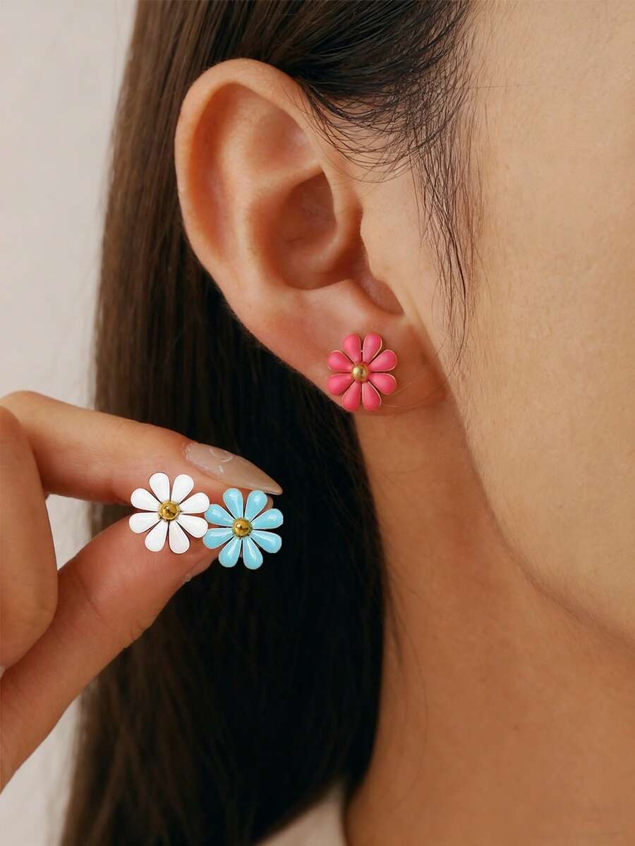 一对时尚不锈钢多色滴油花朵耳钉，甜美少女耳饰 - 小雛菊 - 查看 1