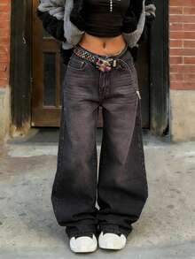 Y2K Damen Graue Verwaschen Tief Sitzende Weite Schlaghose, Vintage Straßen-Stil Lässig Jeans, Vielseitige Alltagshose - Grau - Übersicht 2