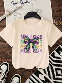 Summer Tops Mardi Gras Plus Size Tee With Glitter Bow Print Medium Stretch Short Sleeve Round Neck Regular Fit Knitted Fabric Top Graphic Tees Women Summer Outfits For Women - Apricot - View 1