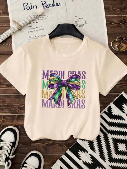 Summer Tops Mardi Gras Plus Size Tee With Glitter Bow Print Medium Stretch Short Sleeve Round Neck Regular Fit Knitted Fabric Top Graphic Tees Women Summer Outfits For Women