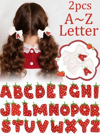 2个草莓字母刺绣发夹，可爱白色蝴蝶结鳄鱼夹，水果发卡，甜美字母发夹，精致日常发卡，学生/甜心礼物，青少年发饰